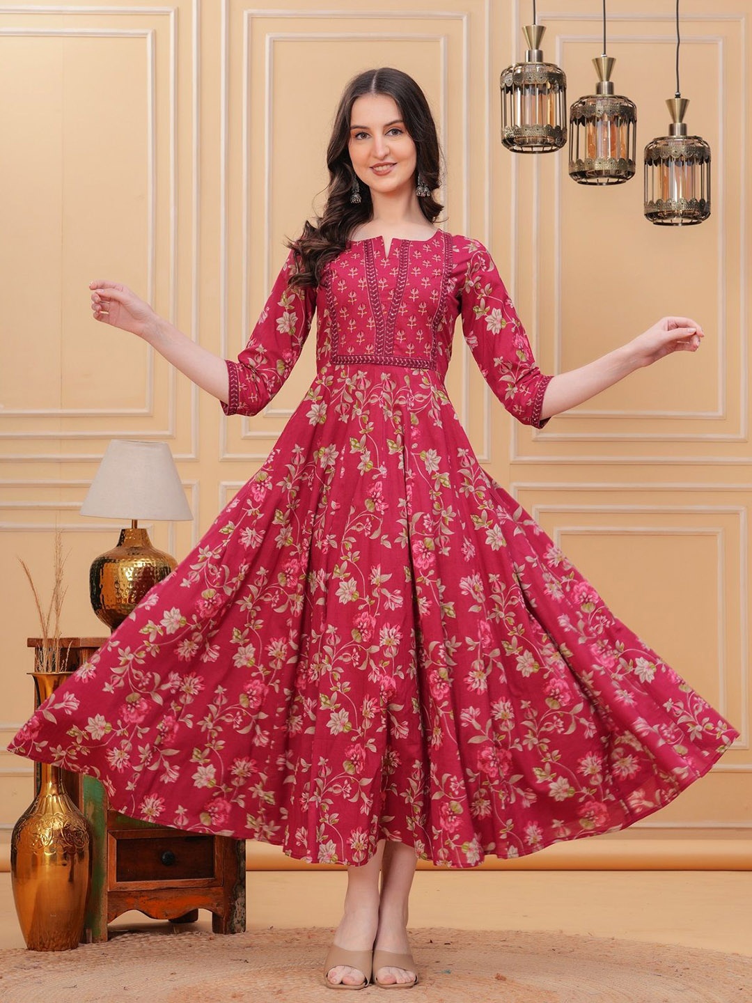 

KIRNYA Floral Printed Notch Neck Cotton Anarkali Ethnic Dresses, Red