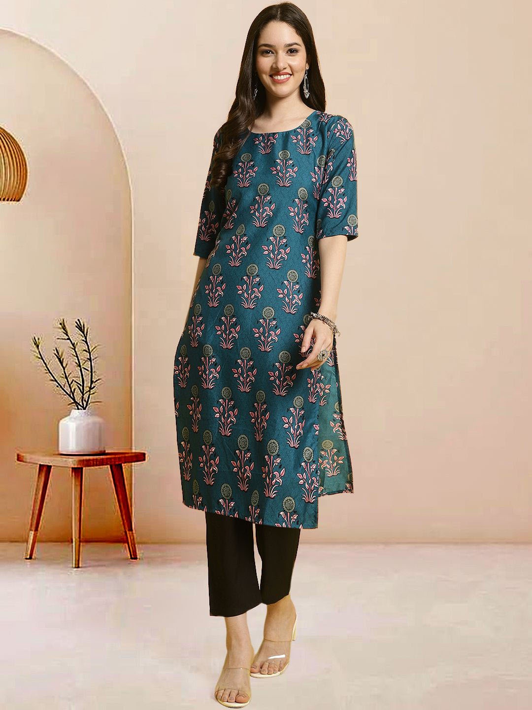 

Moda Rapido Women Floral Printed Regular Kurta with Trousers, Teal