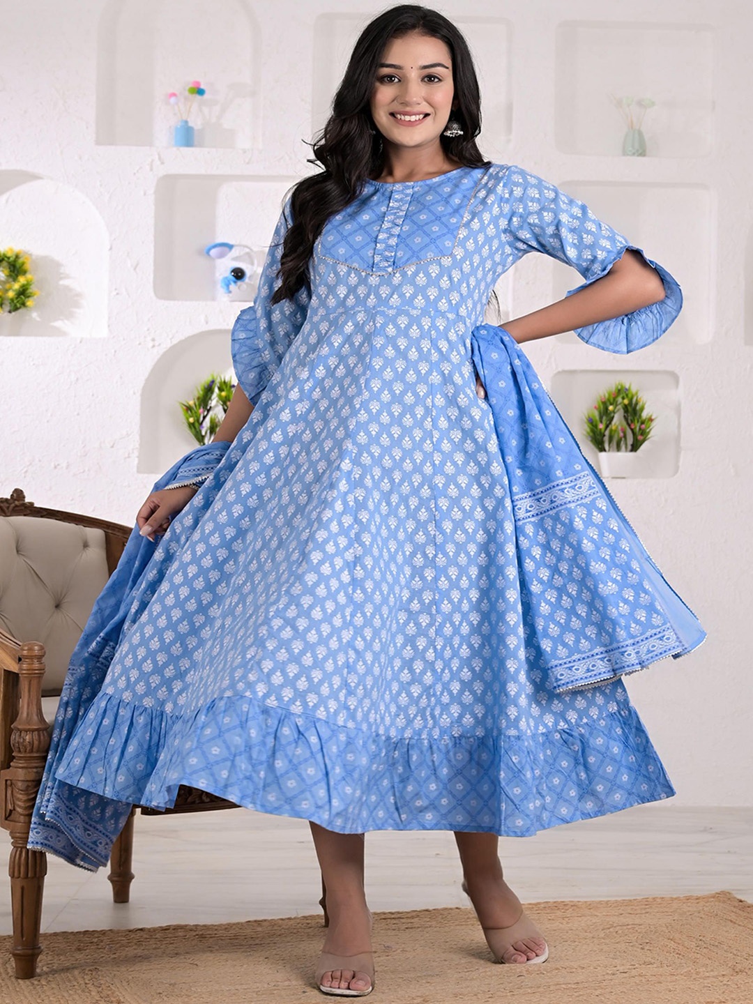 

KASHISHIYA Floral Printed Ruffles Bell Sleeves Cotton Midi Fit And Flare Dress, Blue