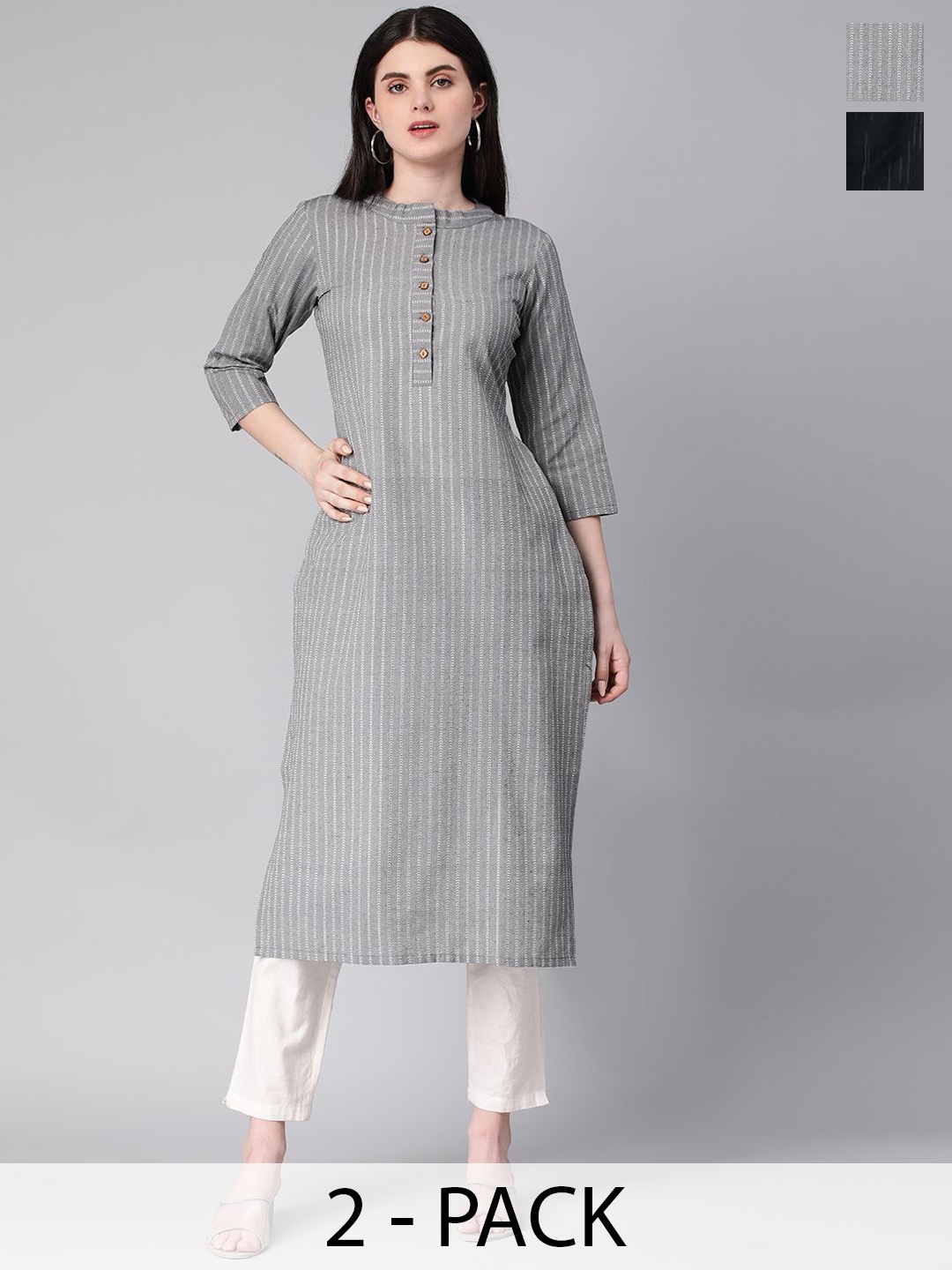 

KALINI Selection Of 2 Striped Mandarin Collar Cotton Straight Kurtas, Black