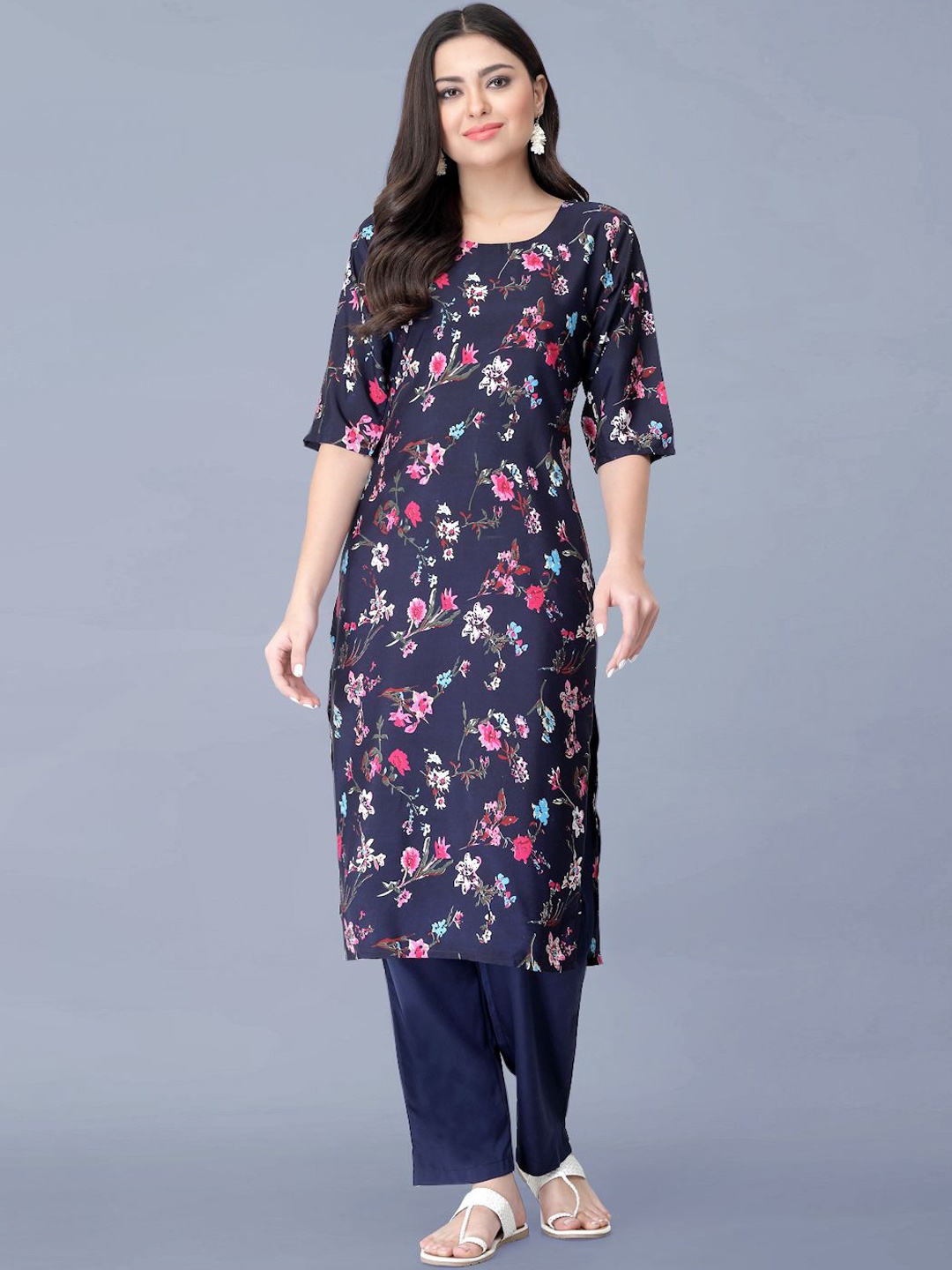 

Moda Rapido Floral Printed Round Neck Straight Kurta With Trouser, Blue