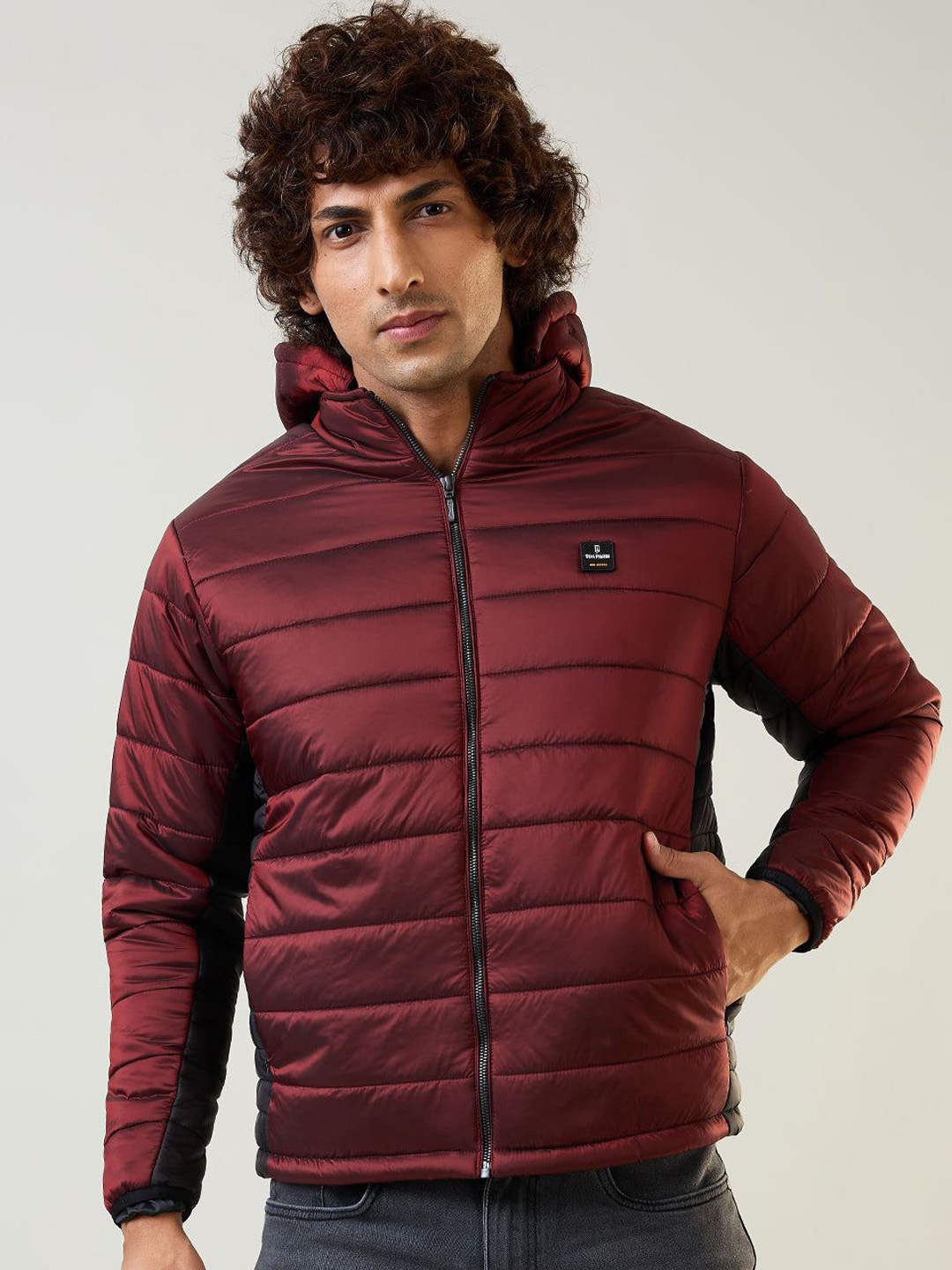 

TIM PARIS Men Hooded Colourblocked Casual Windcheater Puffer Jacket, Maroon