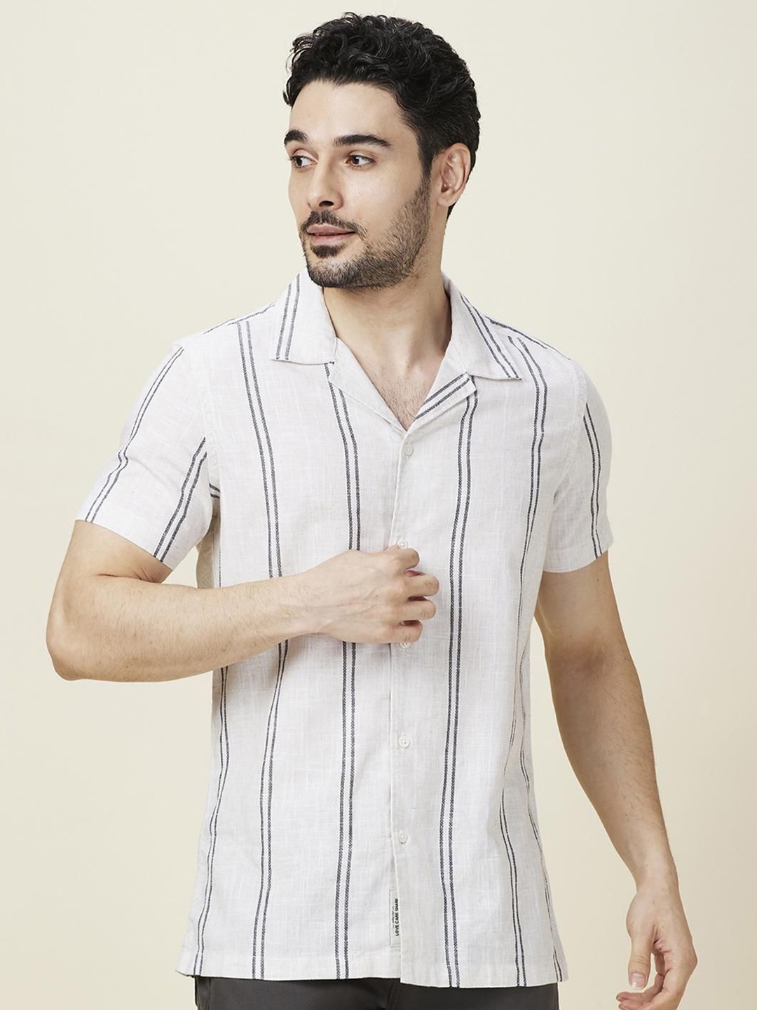 

Being Human Men Classic Fit Cuban Collar Vertical Striped Cotton Casual Shirt, Beige