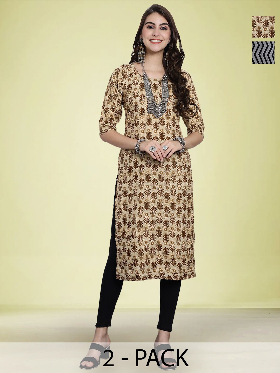 

Moda Rapido Selection Of 2 Floral Printed Round Neck Straight Kurtas, Brown