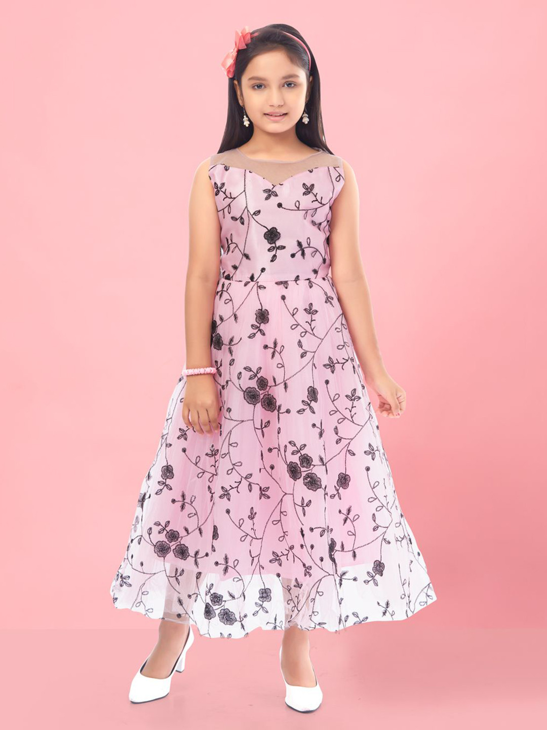 

HERE&NOW Girls Floral Print Net Sheath Dress, Pink