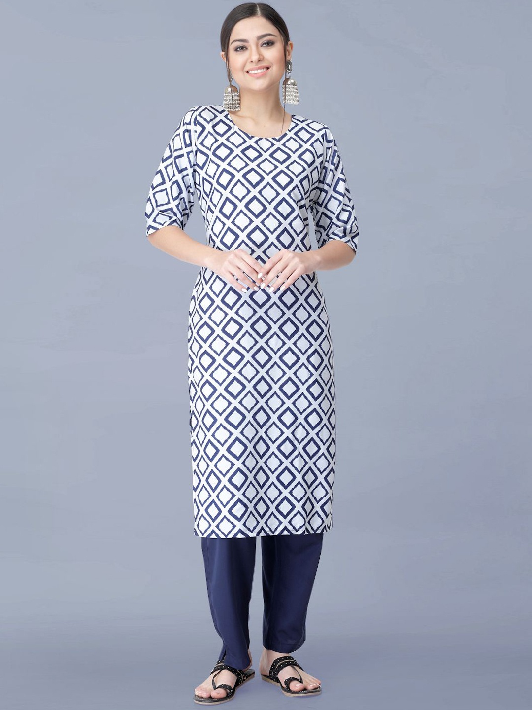 

Moda Rapido Geometric Printed Round Neck Straight Kurta With Trousers, White