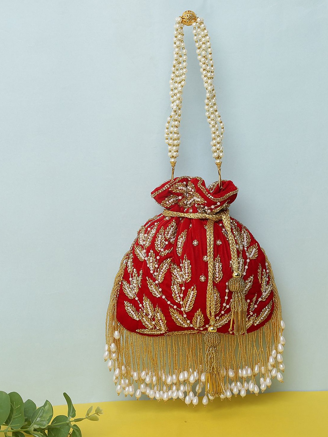 

VASTANS Embellished Tasselled Potli Clutch, Red