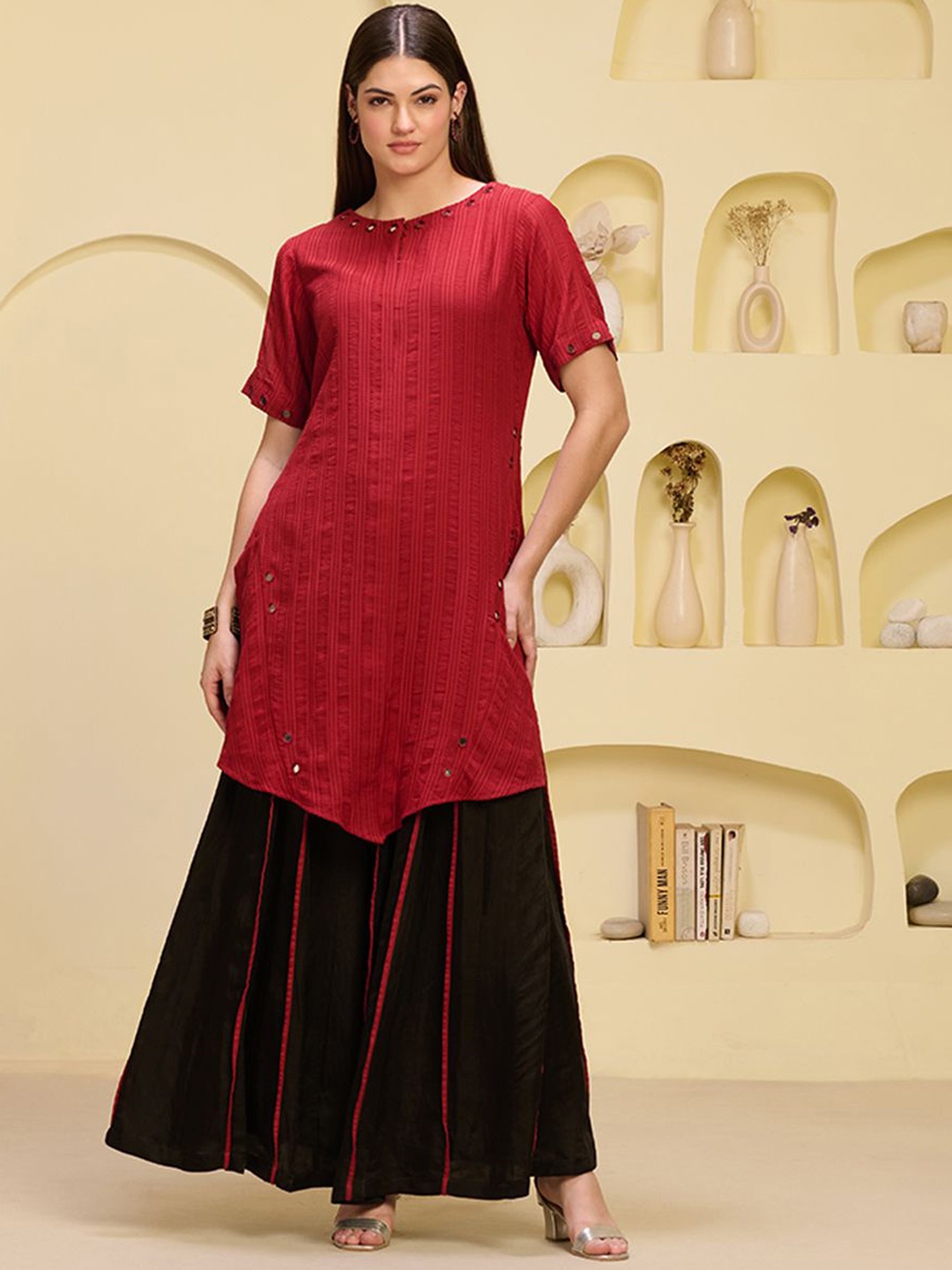 

First Resort by Ramola Bachchan Self Design Boat Neck Mirror Work Tunic With Palazzo, Red