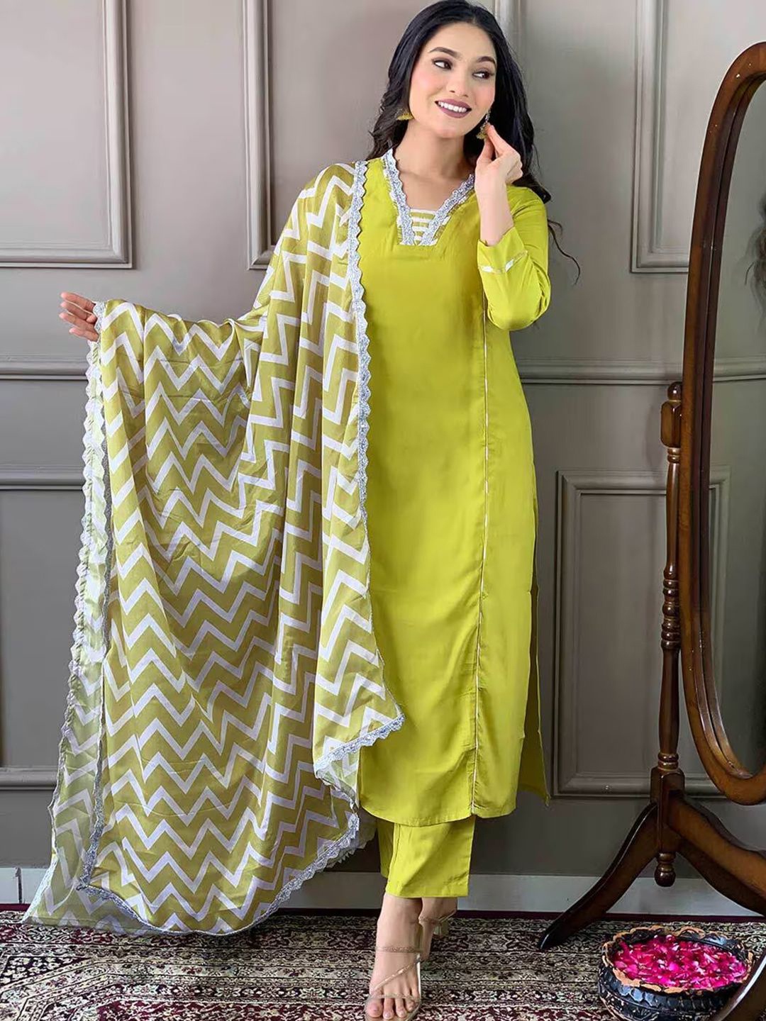 

FASHION DREAM V-Neck Gotta Patti Straight Kurta With Trousers & Dupatta, Yellow