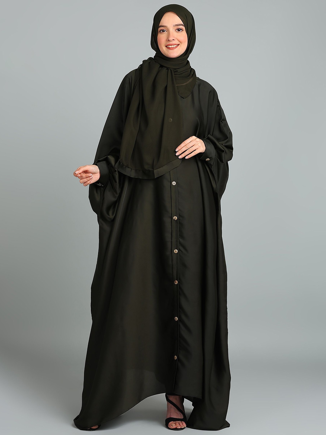 

BROKE BRAND Women Round Neck Button Down Kaftan Abaya Burqa, Olive