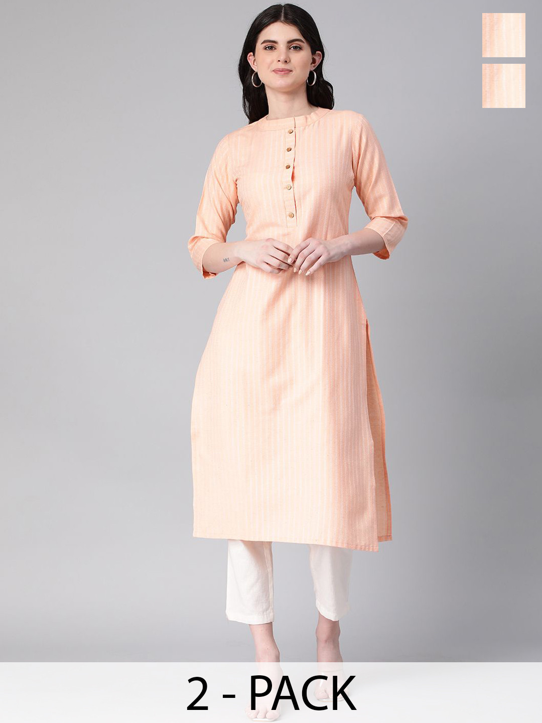 

KALINI Selection Of 2 Striped Mandarin Collar Straight Kurtas, Peach