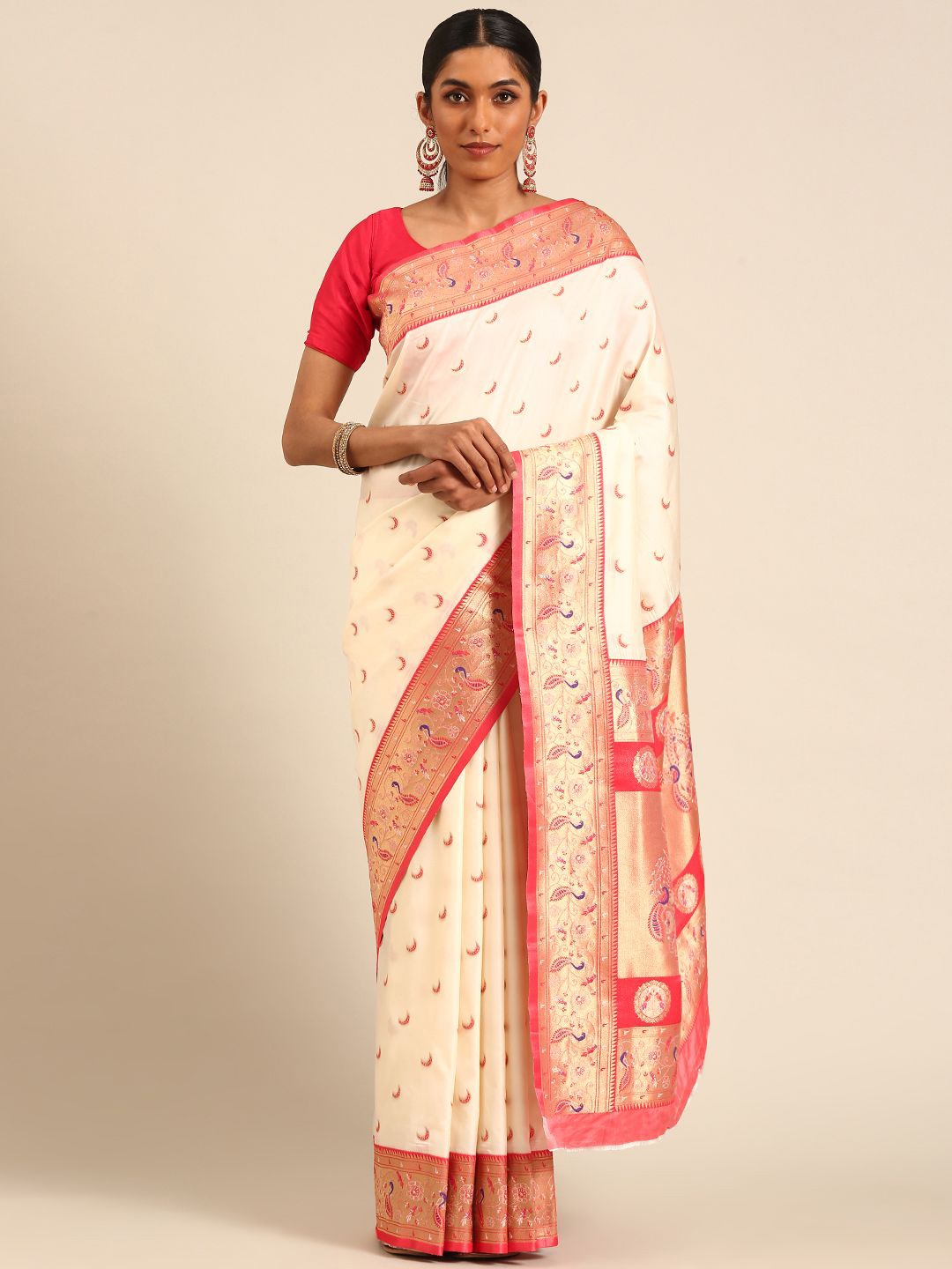 

Panzora Woven Design Zari Silk Blend Paithani Saree, White