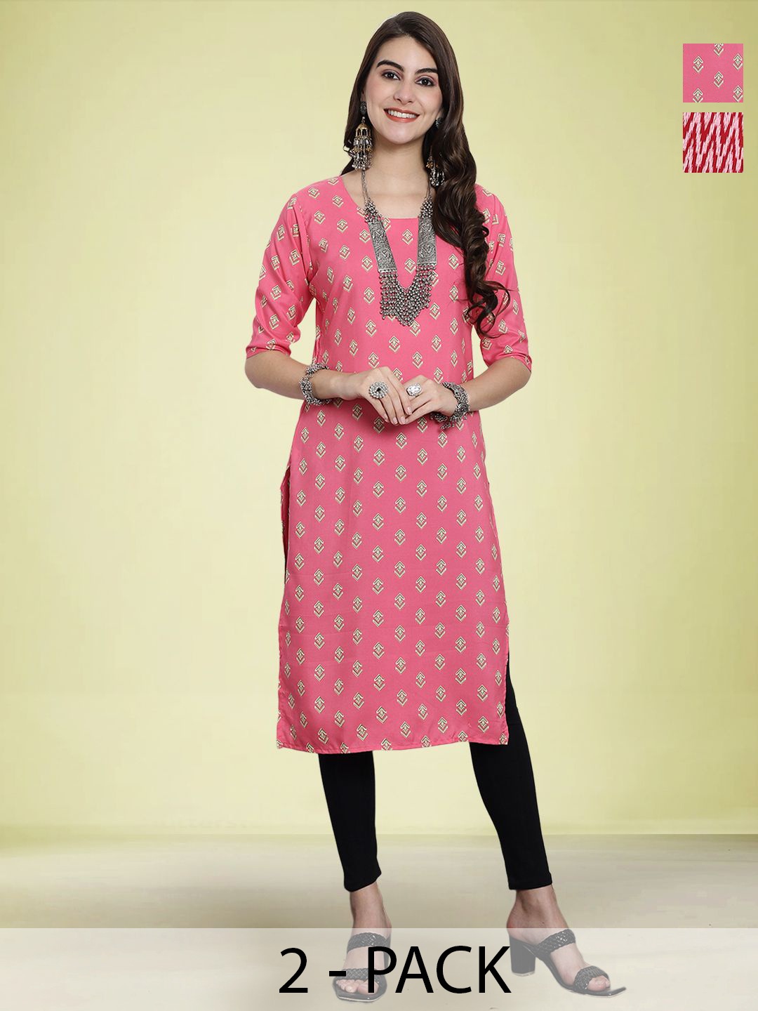 

Moda Rapido Selection Of 2 Geometric Printed Round Neck Straight Kurtas, Pink