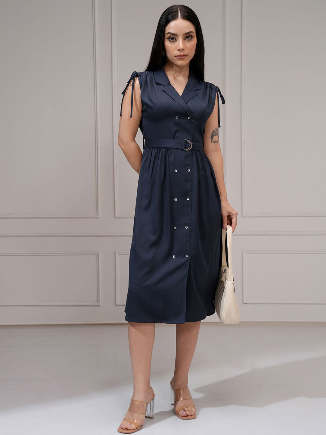 

Tokyo Talkies Women Solid Fit Flare Button Down Mini Dress, Navy blue