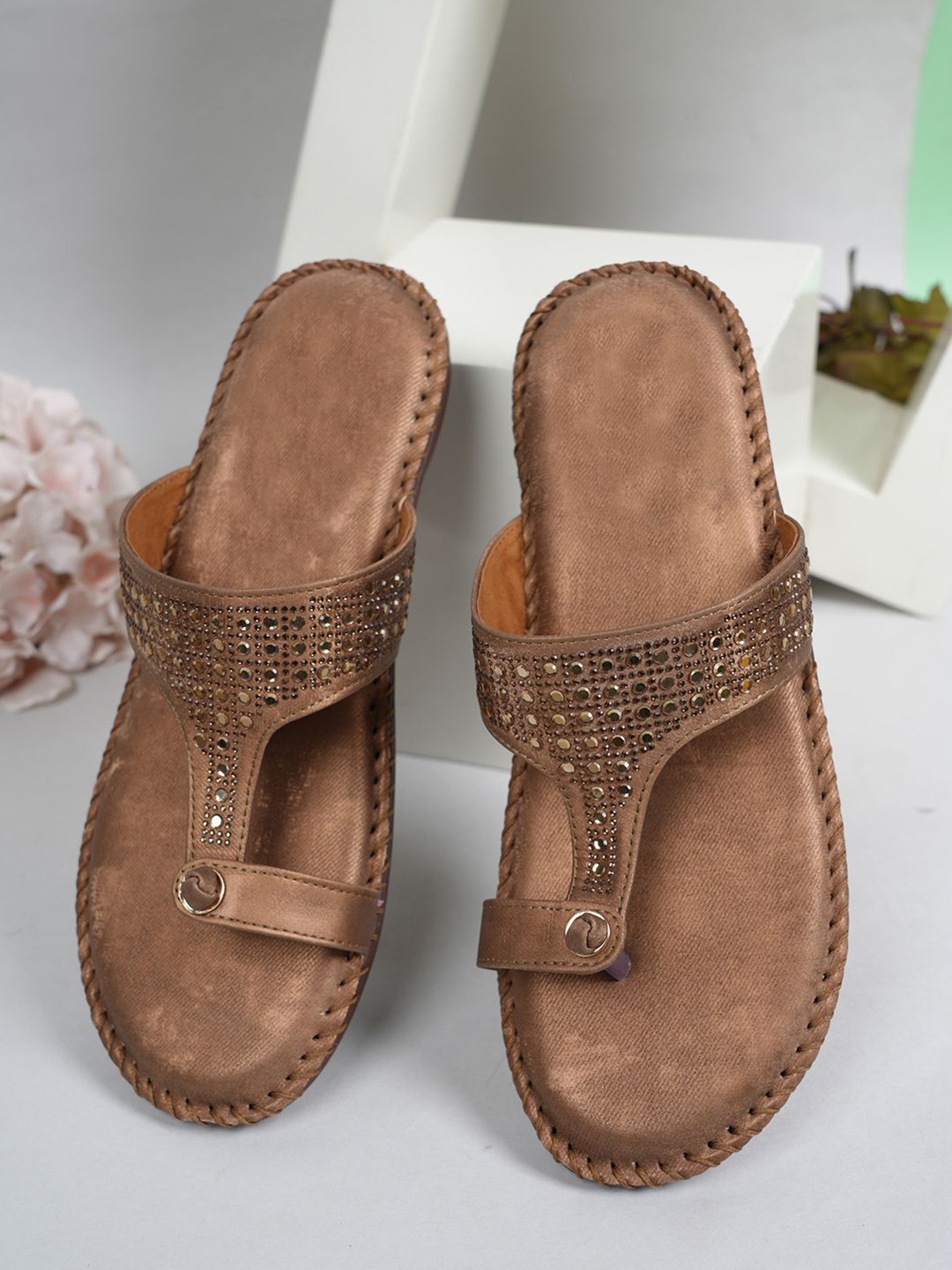 

Style Shoes Women Open Toe T-Strap Flats, Copper