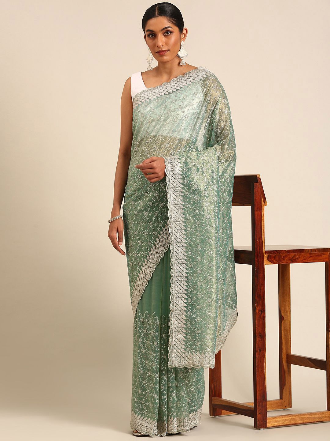 

Panzora Embellished Beads and Stones Net Saree, Blue