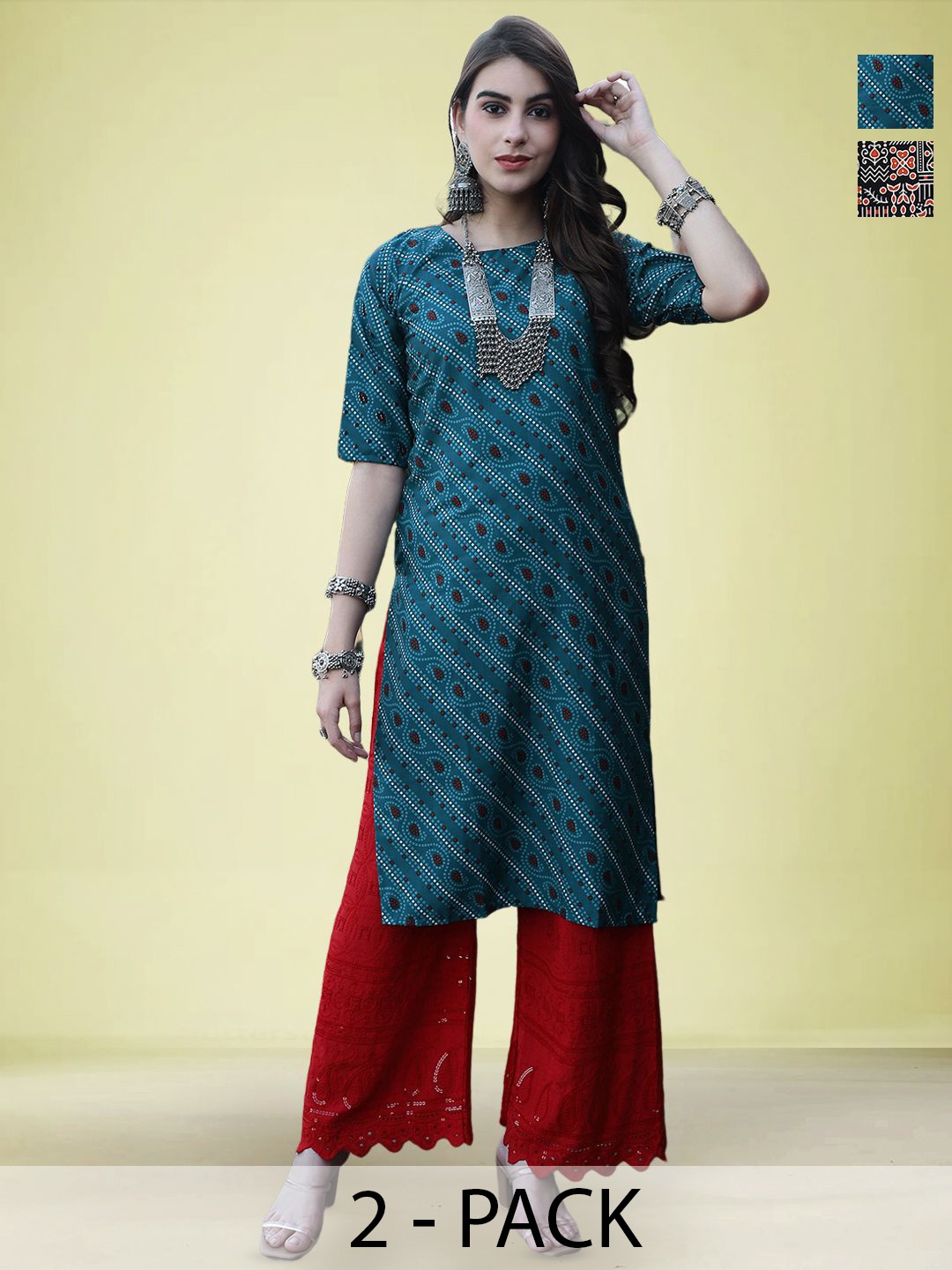

Moda Rapido Selection Of 2 Geometric Printed Round Neck Straight Kurta, Blue