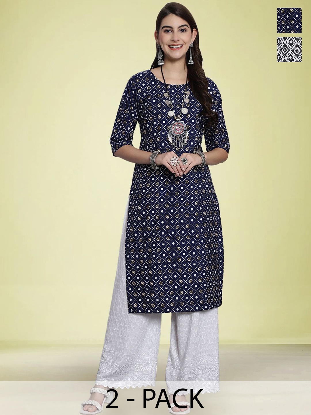 

Moda Rapido Selection Of 2 Floral Printed Round Neck Straight Kurtas, Navy blue