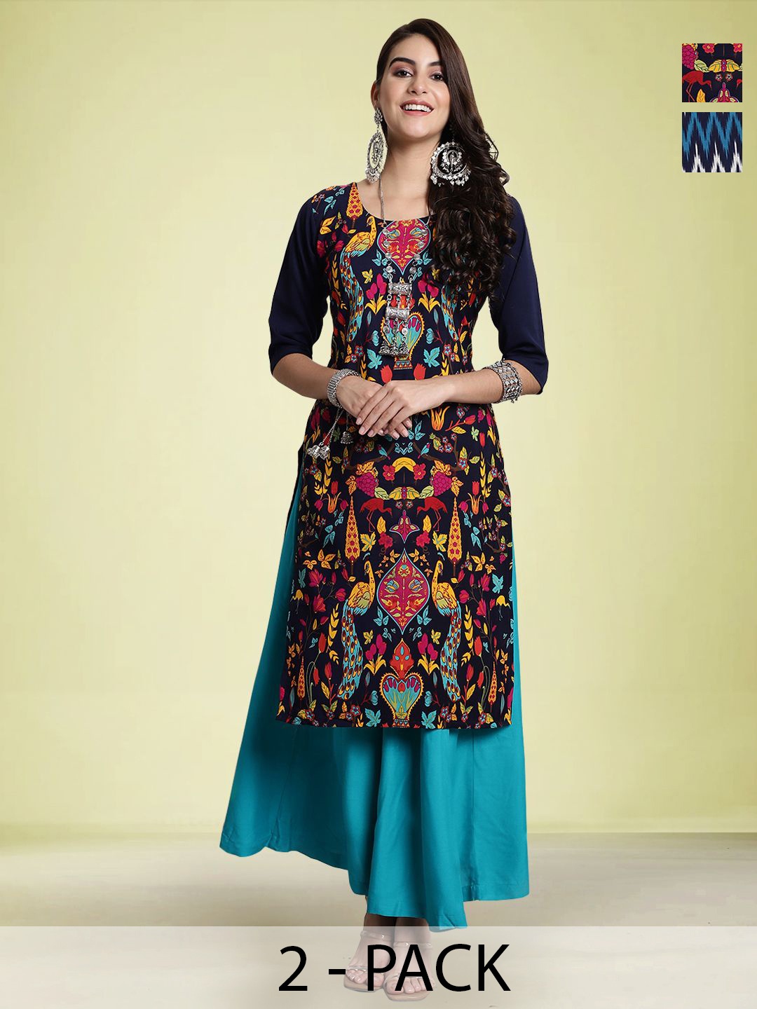 

Moda Rapido Selection Of 2 Ethnic Motifs Printed Straight Kurtas, Black