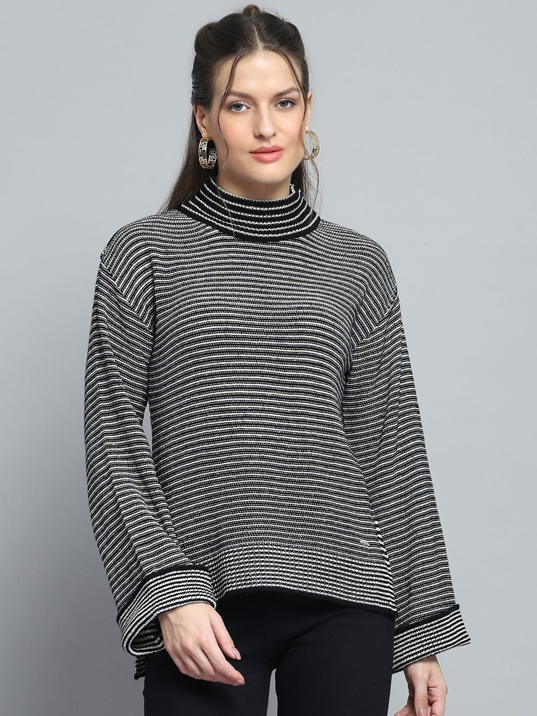 

Monte Carlo Women Striped Woollen Top, Black