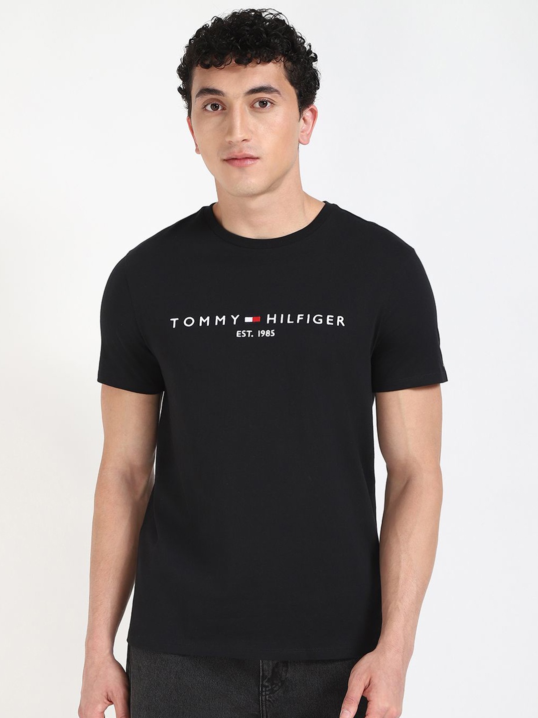 

Tommy Hilfiger Men Typography Printed Round Neck Cotton T-shirt, Black