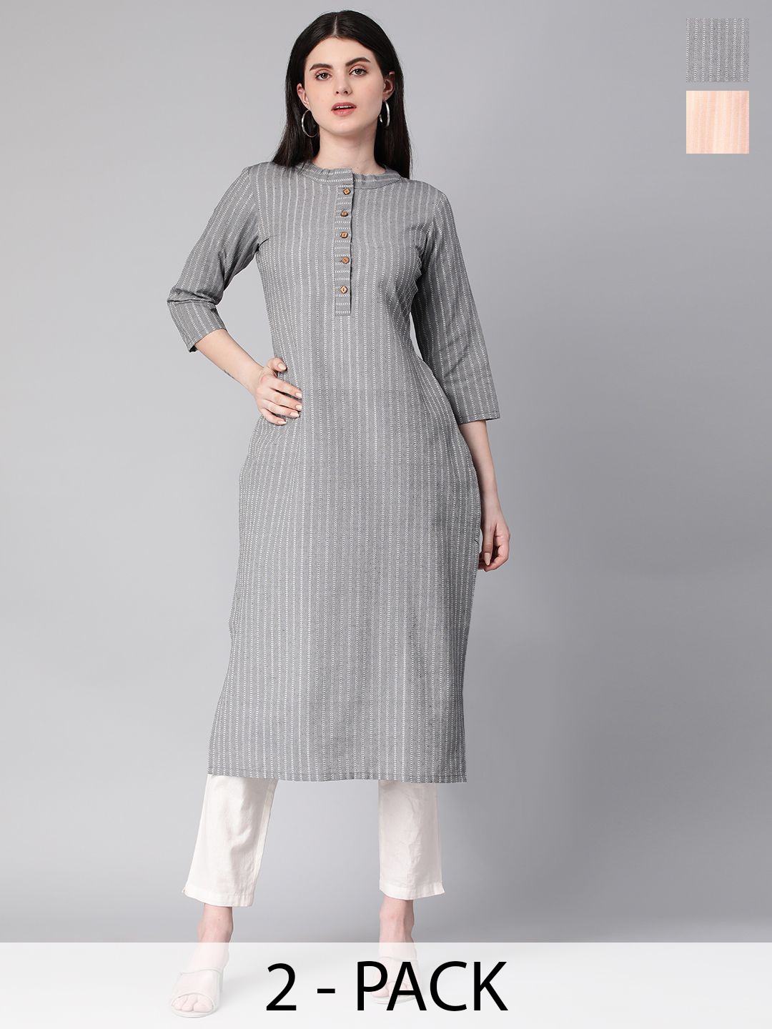 

KALINI Selection Of 2 Striped Mandarin Collar Straight Kurtas, Grey