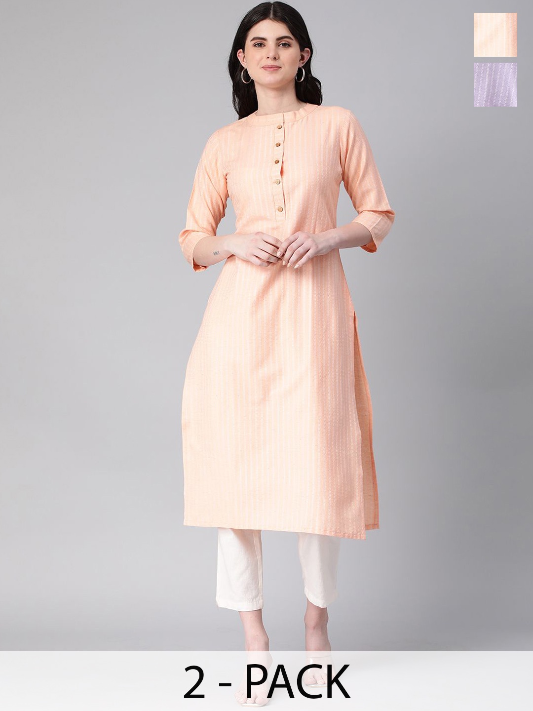 

KALINI Selection Of 2 Striped Mandarin Collar Straight Kurtas, Peach
