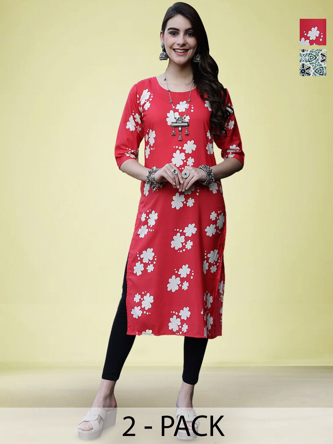 

Moda Rapido Selection of 2 Floral Printed Round Neck Straight Kurtas, Red