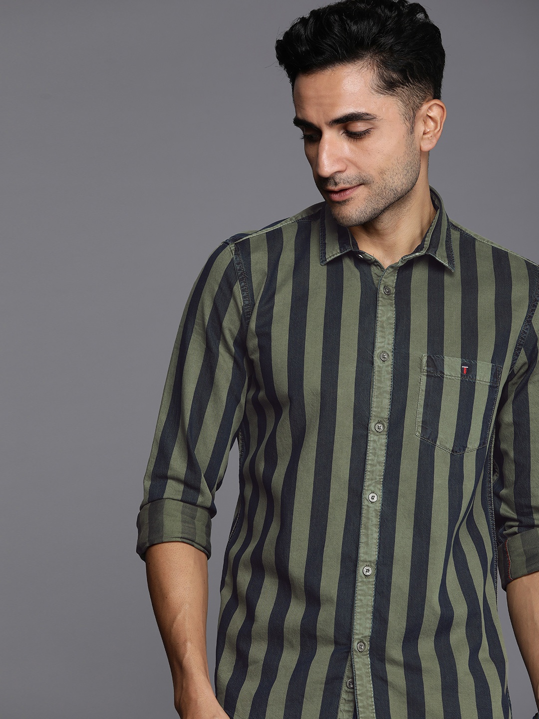 

Louis Philippe Jeans Super Slim Fit Striped Pure Cotton Casual Shirt, Olive