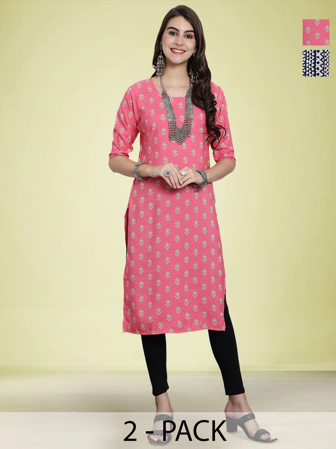 

Moda Rapido Selection Of 2 Geometric Printed Round Neck Straight Kurtas, Pink