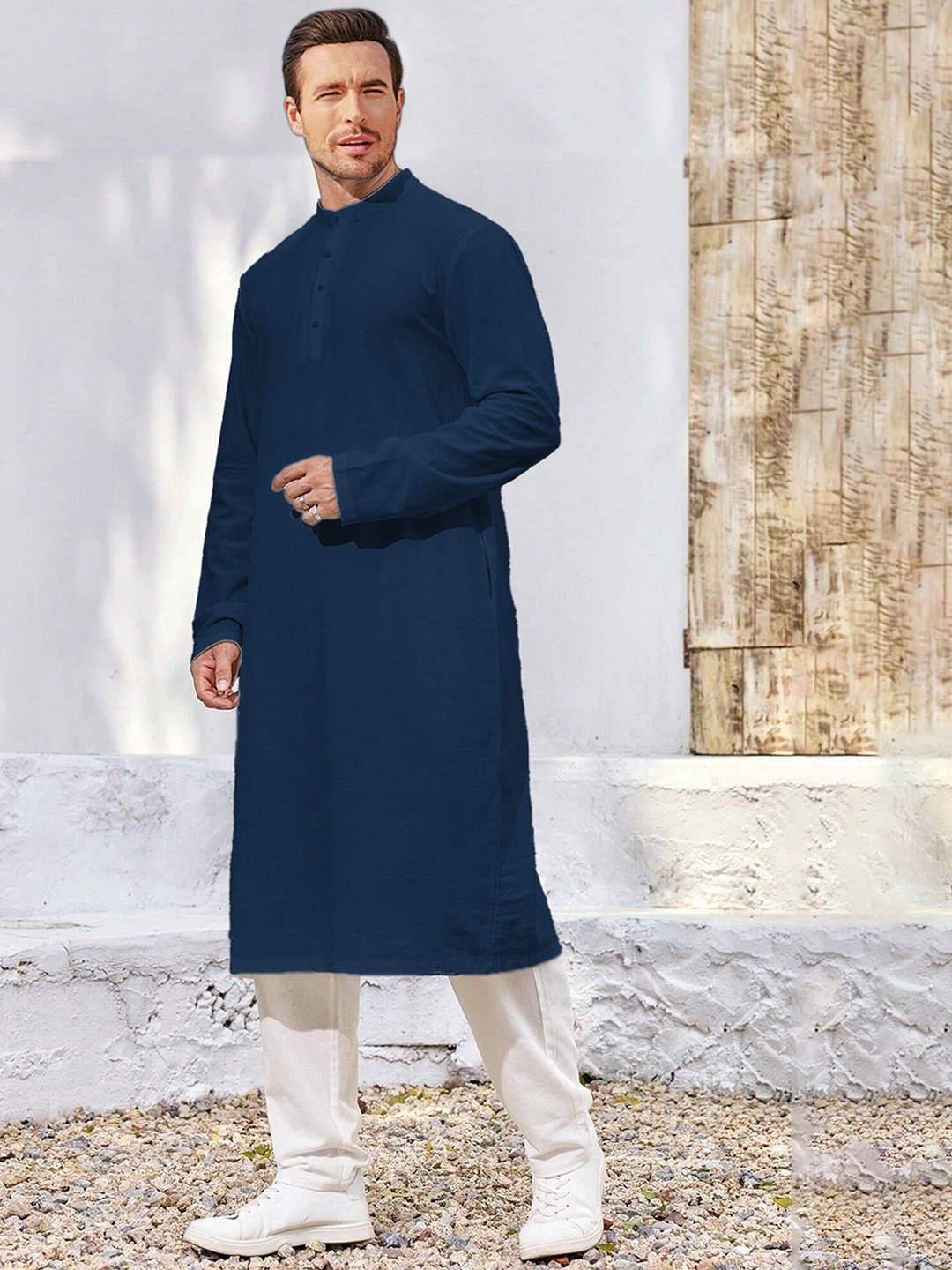 

Anouk Navy Blue Band Collar Pure Cotton Straight Kurta