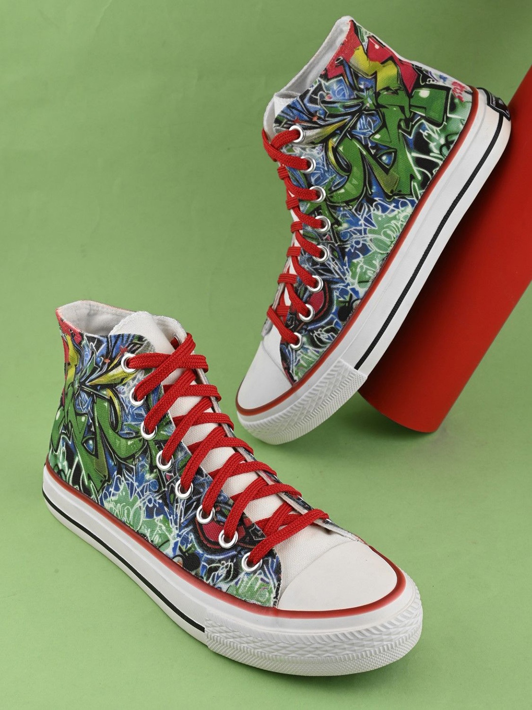 

CROWCIA LONDON Men Forest Flash Printed Mid-Top Sneakers, Green