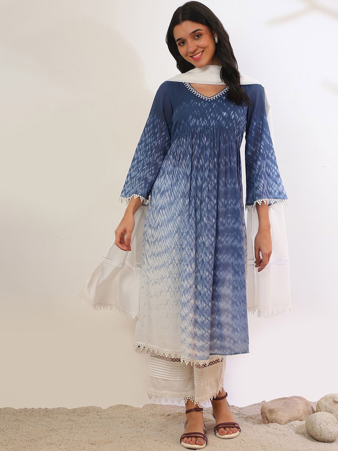 

AURELIA Printed Pleated Pure Cotton Thread Work A-Line Kurta With Palazzos & Dupatta, Blue