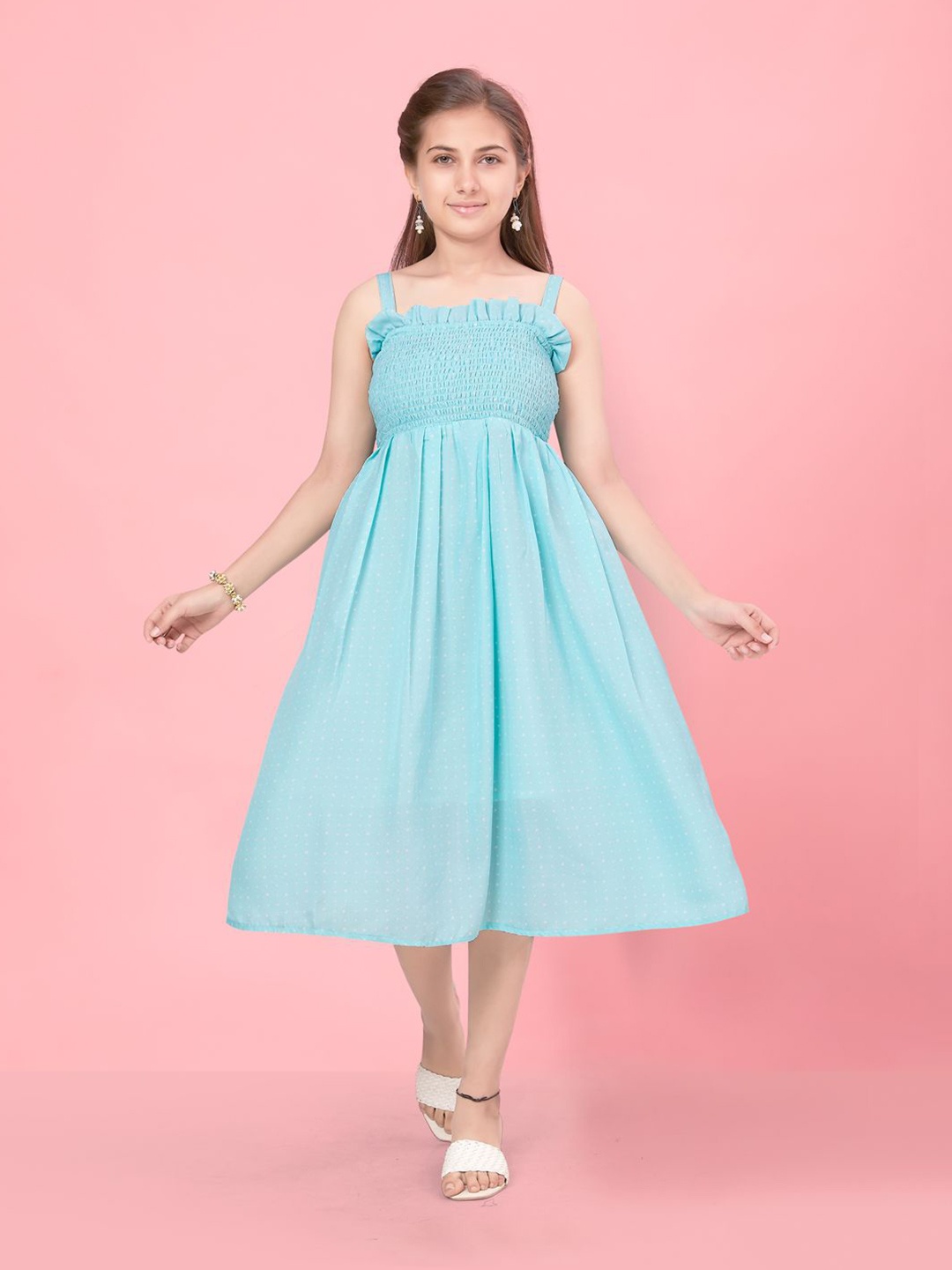 

HERE&NOW Girls Polka Dots Printed Cotton Fit & Flare Midi Dress, Turquoise blue