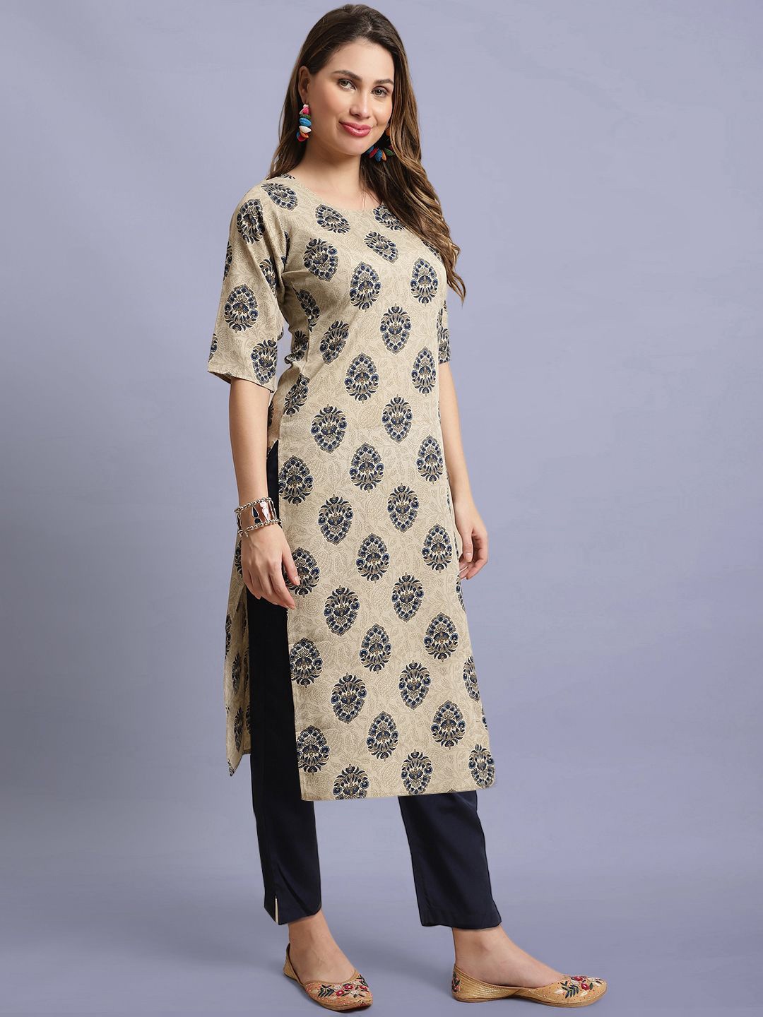 

Moda Rapido Floral Printed Round Neck Straight Kurta With Trouser, Beige