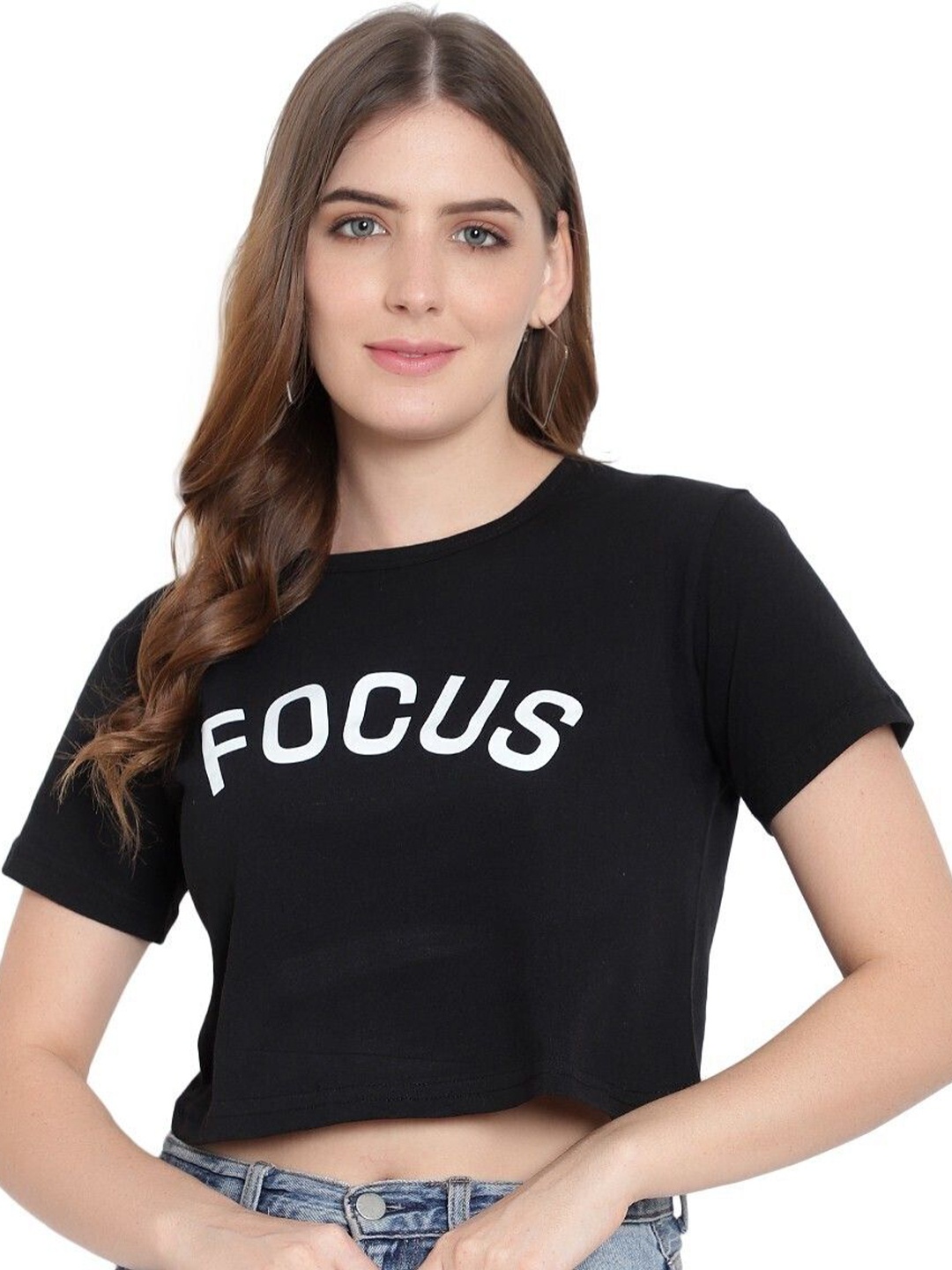 

DEEPMAYRA COLLECTION Women Typography Printed Cotton Boxy Crop Top, Black