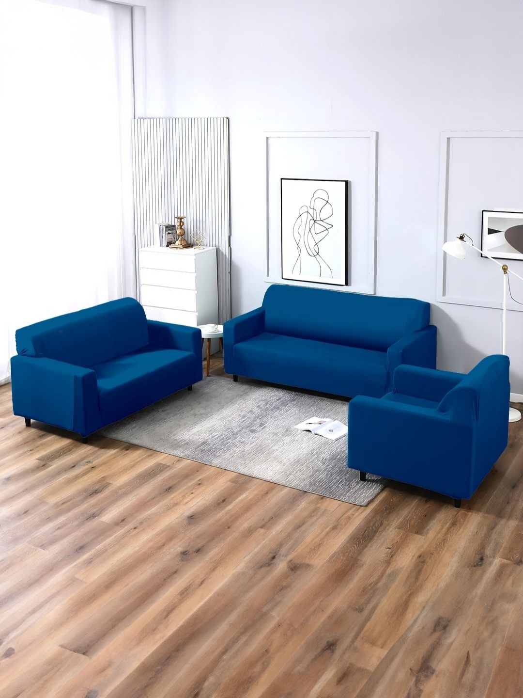 

Aura Blue Stretchable Three Seater Sofa Cover With 2 Single Seater Sofa Cover