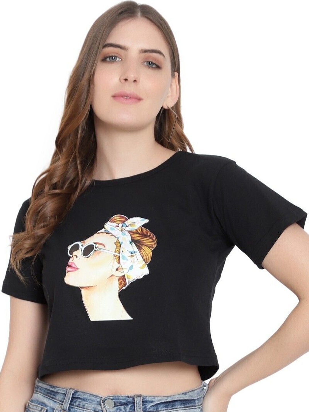 

DEEPMAYRA COLLECTION Women Cotton Printed Crop T-shirt, Black
