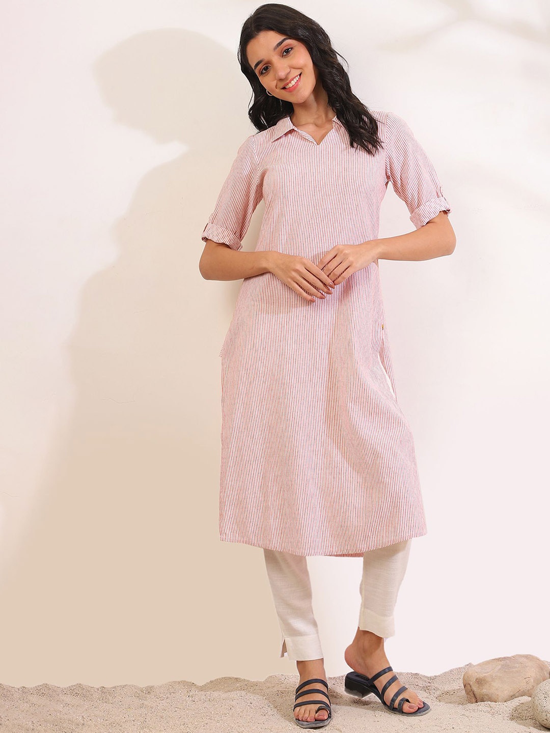 

AURELIA Women Striped Shirt Collar A-Line Kurta, Orange