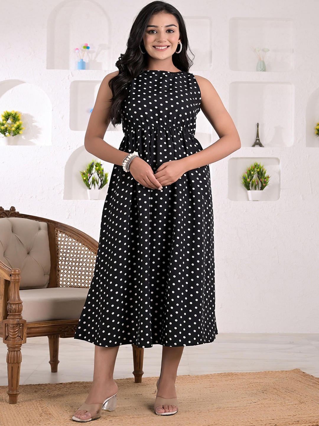 

KASHISHIYA Polka Dots Printed Gathered Boat Neck Midi Cotton Fit And Flared Dress, Black