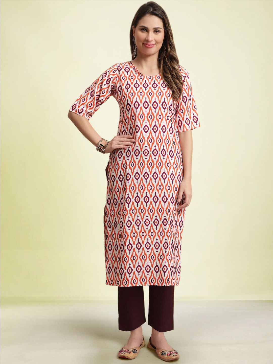 

Moda Rapido Geometric Printed Round Neck Straight Kurta With Trousers, White