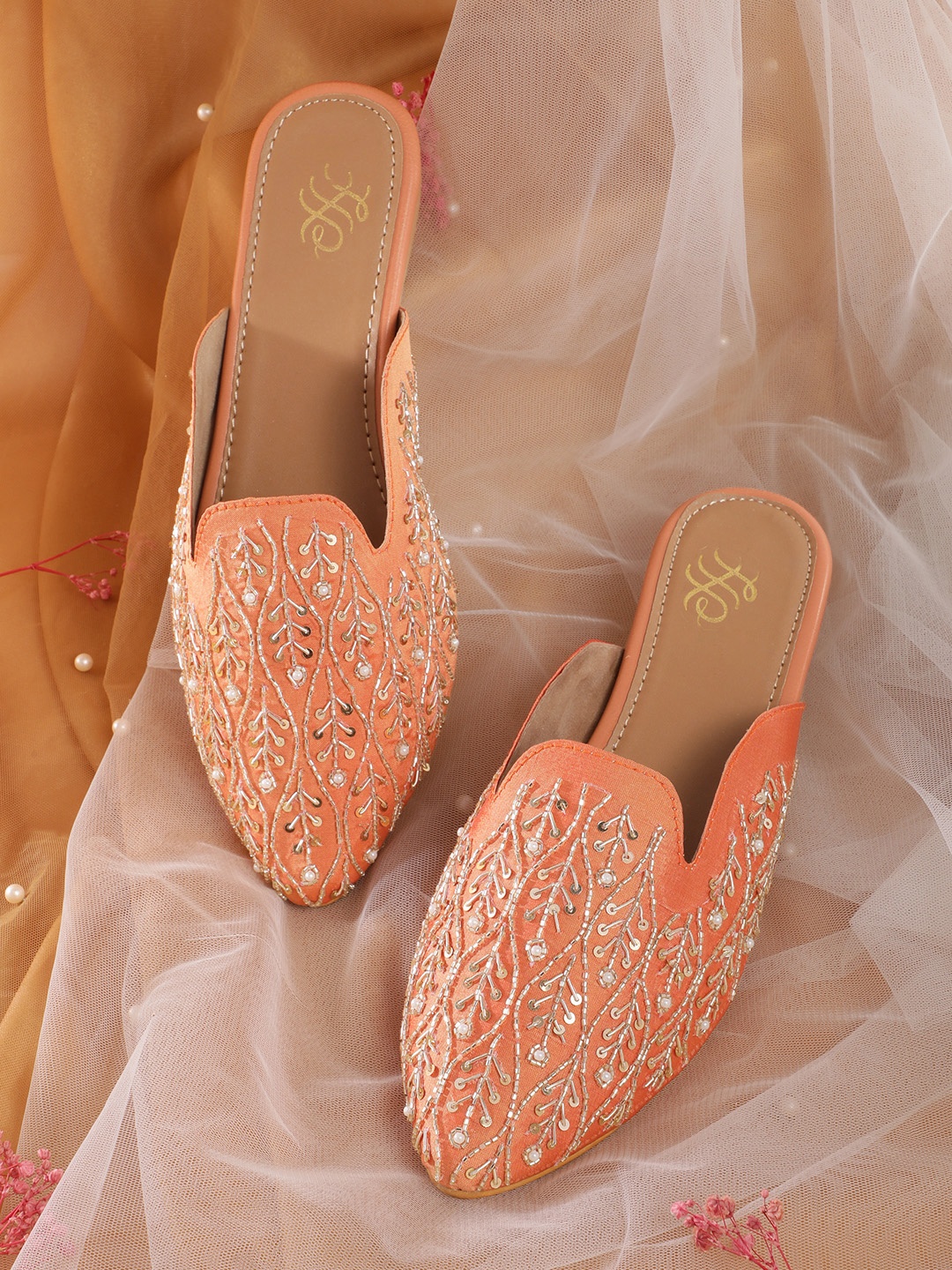 

House of Pataudi Embellished Ethnic Mules, Orange