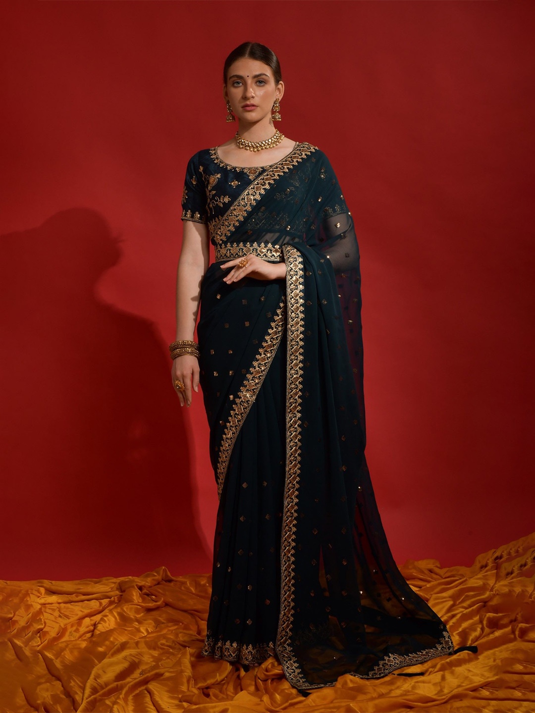 

LeeliPeeri Designer Ethnic Motifs Embroidered Pure Georgette Saree, Blue