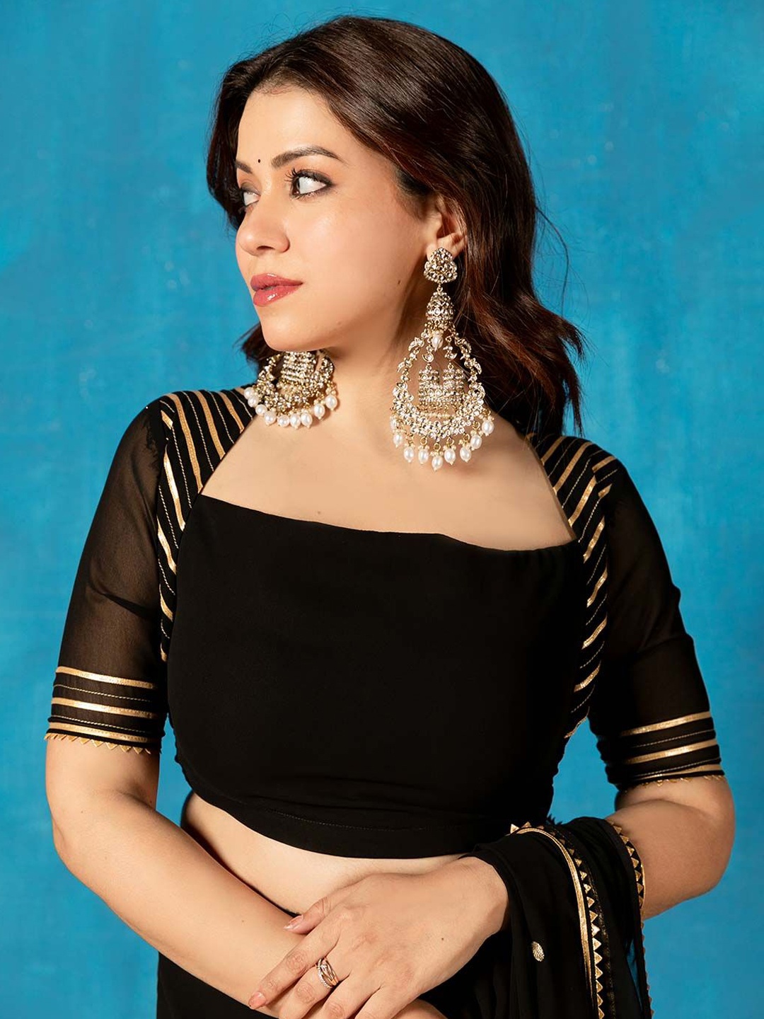 

NUD Embroidered Square Neck Saree Blouse, Black