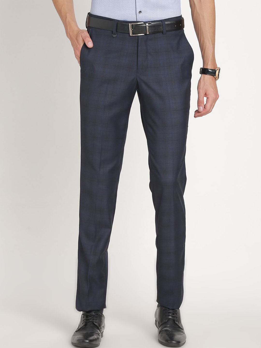 

Turtle Men Checked Tailored Slim Fit Formal Trousers, Navy blue