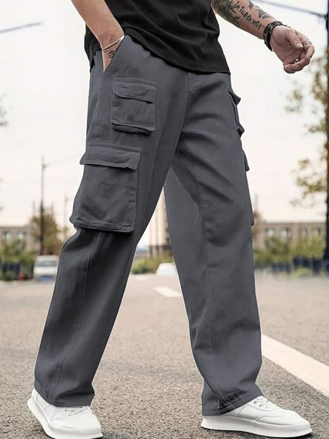 

ASHTOM Men Regular Loose Fit Cotton Cargo Pants, Grey