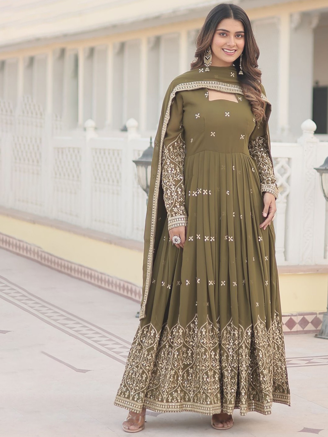 

KALINI Embroidered Maxi Ethnic Dresses With Dupatta, Olive