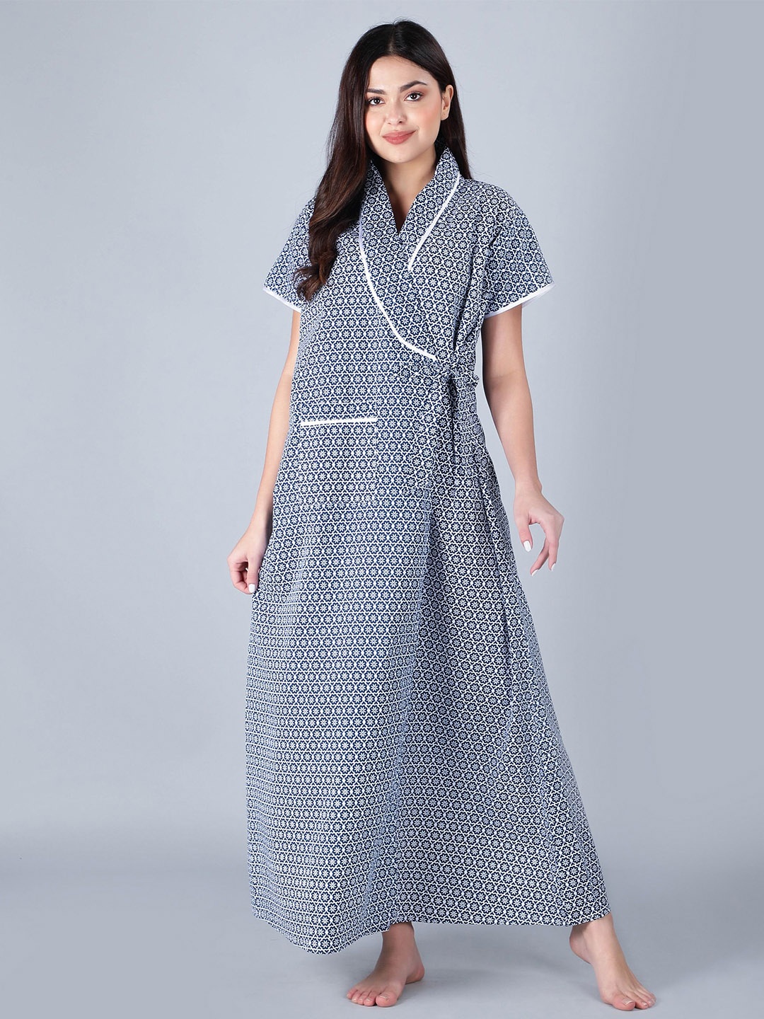 

BELLAMY Women Printed Pure Cotton Maxi Nightdress, Blue