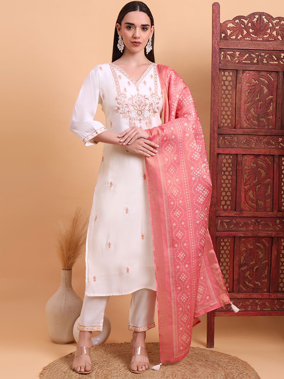 

Krimmple Women Embroidered Regular Kurta with Trousers & With Dupatta, White