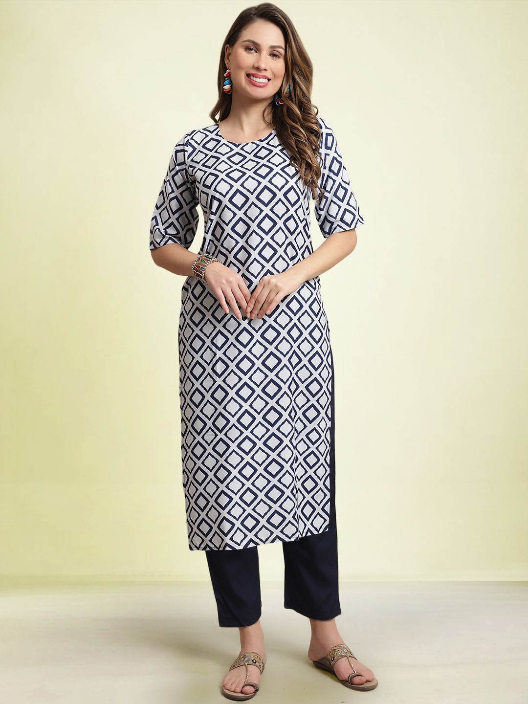 

Moda Rapido Geometric Printed Round Neck Straight Kurta With Trouser, White